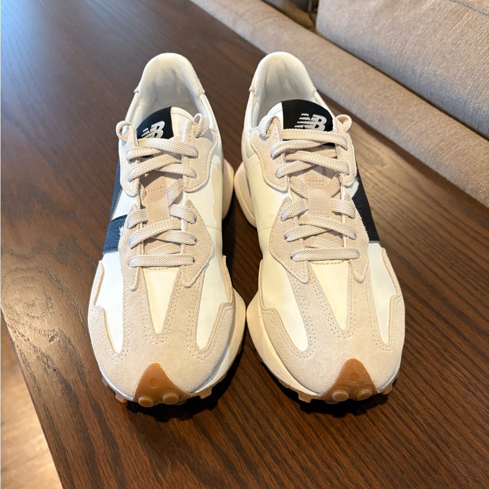 New Balance White and Tan Sneakers